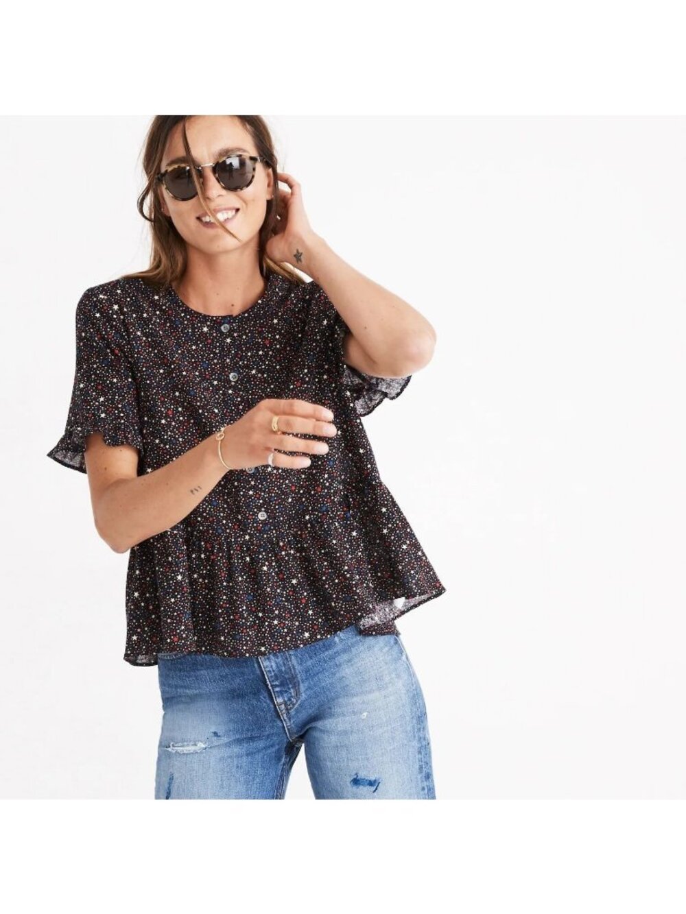 Madewell Size S Studio Ruffle Hem Top Blouse Starry Night Button Up Blouse